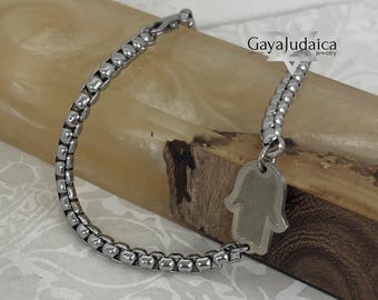 Blackened Silver Hamsa Bracelet & Stainless Steel Bracelet – Handmade Judaica Gift for Men from Israel