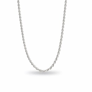 Sterling silver rope chain necklace with twisted links on a white background, a textured chain for men or women