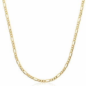 Gold plated figaro chain necklace over 925 sterling silver, shown on a white background