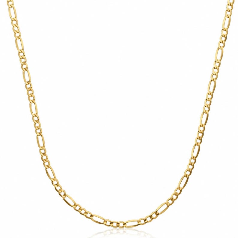 Gold plated figaro chain necklace over 925 sterling silver, shown on a white background