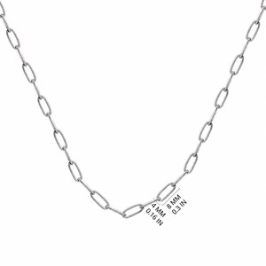 4mm sterling silver paperclip chain necklace with elongated oval links, width and link length marked in mm and inches