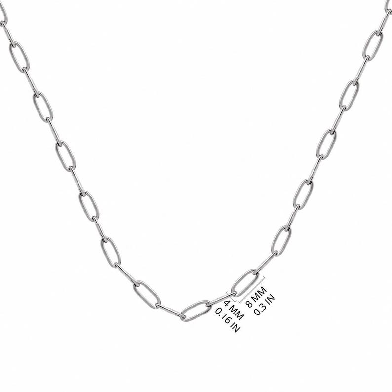 4mm sterling silver paperclip chain necklace with elongated oval links, width and link length marked in mm and inches