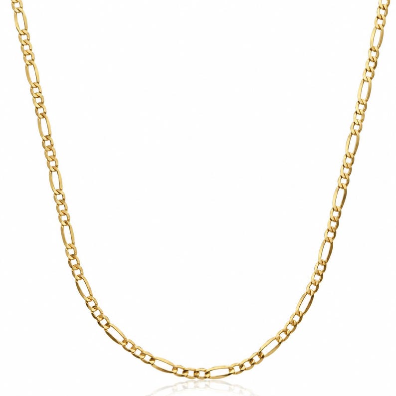 24K gold plated sterling silver figaro chain necklace on a white background, a gold chain option for a Jewish pendant