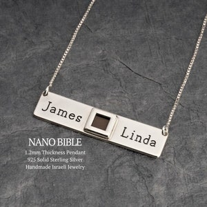 Nano Bible Jewelry • Couples Names Necklace • 925 Sterling Silver, 24K Gold Plated Bar Pendant • Israeli  Jewelry - Gift for Loved Wife