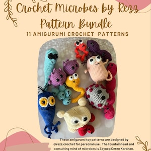 Peut inclure: Un ensemble de 11 patrons d'amigurumi au crochet pour réaliser de mignons microbes. Les patrons sont conçus par Rezz.crochet et comprennent une variété de couleurs et de formes, comme une amibe rose, une bactérie bleue et un virus gris.