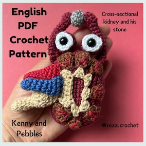 Puede incluir: Un riñón tejido a crochet con una piedra, en rojo, marrón, beige, azul y gris. El riñón está sosteniendo una piedra en su mano. El texto "Riñón en sección transversal y su piedra" está escrito encima del riñón. El texto "Kenny y Pebbles" está escrito debajo del riñón. El texto "Patrón de crochet PDF en inglés" está escrito en la esquina superior izquierda de la imagen. El texto "@rezz.crochet" está escrito en la esquina inferior derecha de la imagen.