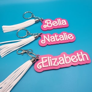 Personalized Two-Tone Magenta Nametag Keychain with Tassel | Fashion Doll Theme | Keyring Charm, Luggage Tag | Gifts for Her |