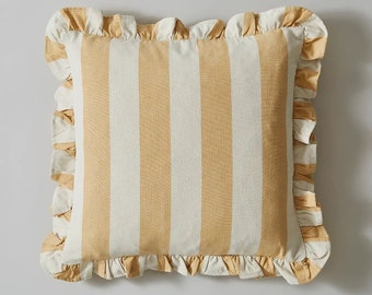 Pink and White Stripe Cotton Cushion Ruffle Trim Handmade Scallop Edge ...