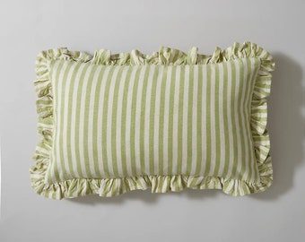 Pink and White Stripe Cotton Cushion Ruffle Trim Handmade Scallop Edge ...
