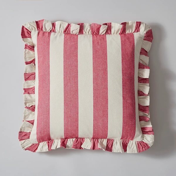 Pink And White Stripe Cotton Cushion Ruffle Trim Handmade Scallop Edge Cushion Frilled Pillow Ruffled Trim Stripe Ruffled Cushion Designer