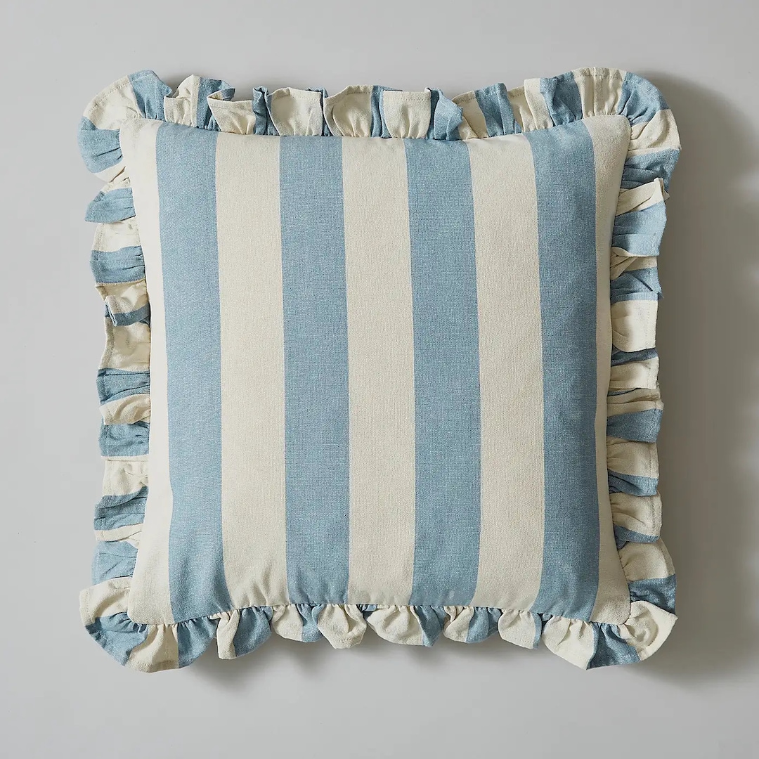 Blue and White Stripe Cotton Cushion Ruffle Trim Handmade Scallop Edge ...