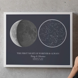 May include: A framed print featuring a crescent moon and a star map. The text "THE FIRST NIGHT OF FOREVER & ALWAYS" is displayed below the images, along with names and a date. The print is displayed on a gray wall.