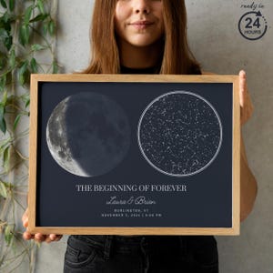 Impresión personalizada de fases lunares, póster de mapa estelar, carta celeste personalizada, impresión de cielo nocturno, regalo de aniversario para parejas