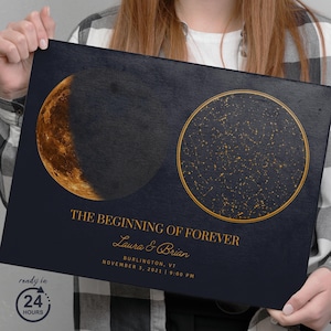 Mapa estelar personalizado e pôster de fases da lua, impressão artística do céu, mapa estelar por data e local, a noite em que nos conhecemos, arte celestial exclusiva.