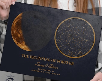 Personalized Star Map and Moon Phase Poster, The Sky Art Print, Star Map by Date and Location, The Night We Met, Unique Celestial Art.