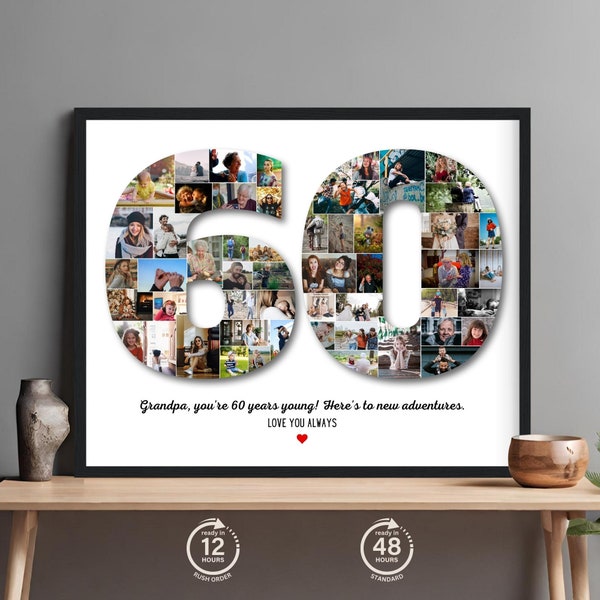 Number 60 Photo Collage, Custom Pictures Collage Gift for Mom, Party Decoration Collage Art, Versatile Photo Collage for Special Occasions