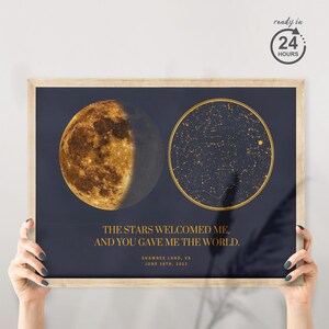 Affiche des phases de la lune, carte des étoiles par date, carte du ciel personnalisée, cadeau pour maman, cadeau grand-mère