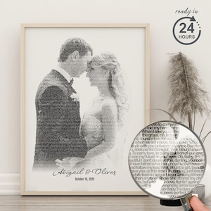 May include: A framed black and white wedding photo print. The image features a couple in formal attire, their faces close together. The print is made of text and includes the names "Abigail & Oliver" and the date "October 10, 2020".