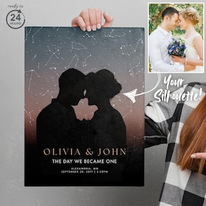 Benutzerdefinierte Silhouette Sternenkarte, personalisierte romantische Nachthimmel Druck, einzigartige Nachthimmel Kunst, Paare Jahrestagsgeschenk, Hochzeitsandenken