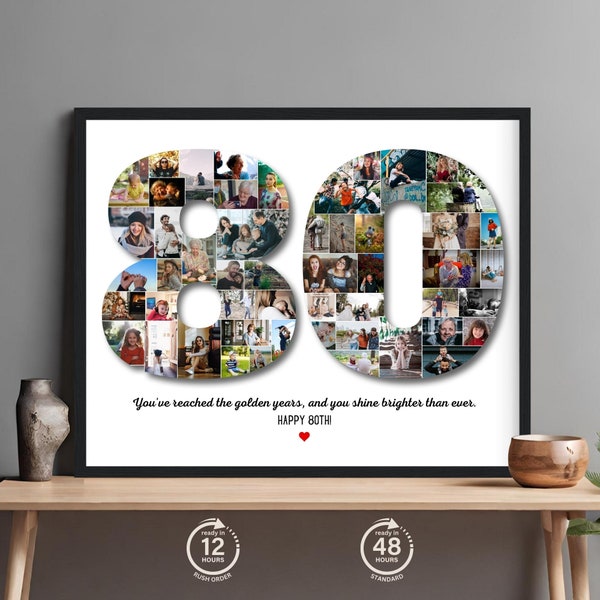 Custom 80th Birthday Number Photo Collage, Photo Collage for Dad or Mom Milestone Birthday, Unique Decor for 80th Birthday Celebration