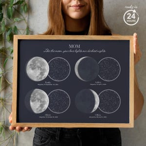 May include: A framed print with a navy blue background displays moon phases and star maps. The text "MOM" and a quote are at the top. Names and dates are listed below the moon phases. The frame is a light wood colour.