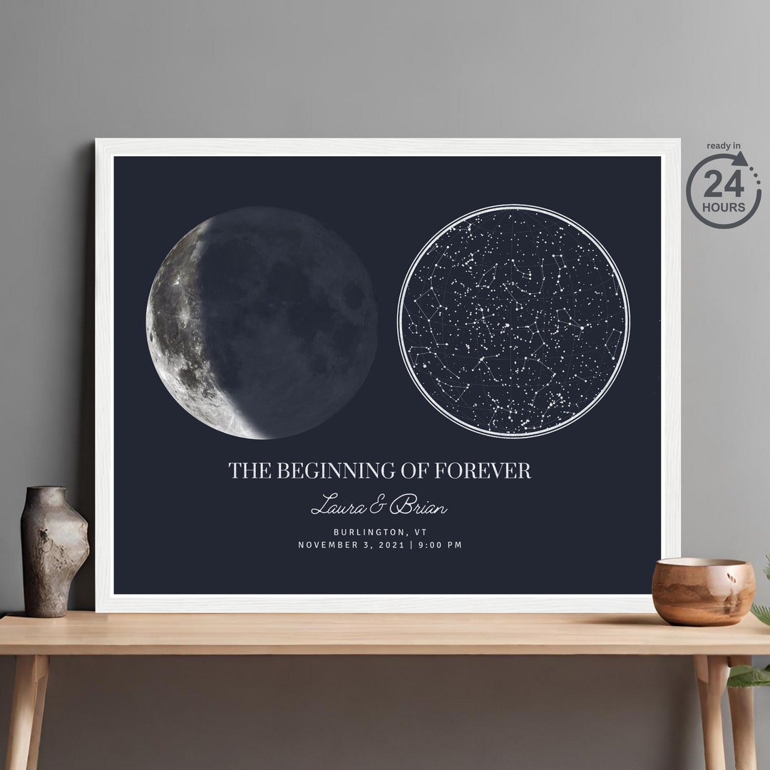 Custom Star Map and Moon Phase, Lunar Art Print, Star Map by Date and ...