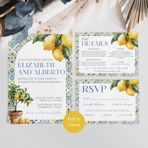 Italian Amalfi Coast Wedding Invitation Suite, DIY Wedding Invite, Editable Template, Lemon, Instant Download, Customizable Invite, Elena
