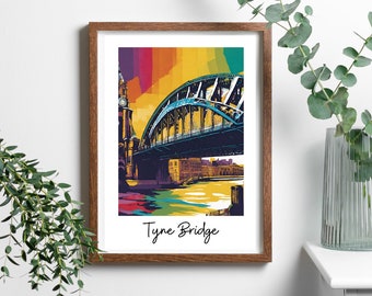 Tyne Bridge Print, North East England Landmarks, Newcastle Gateshead, Art style downloadable Poster