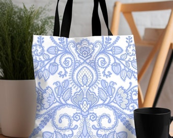 Blue Chinoiserie Tote Bag: Hamptons Coastal Style Shopping Bag
