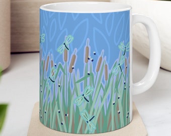 Dragonfly Reeds Coffee Mug: Chic Botanical Nature Design