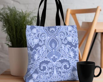 Blue Chinoiserie Floral Tote Bag: Coastal Hamptons Style