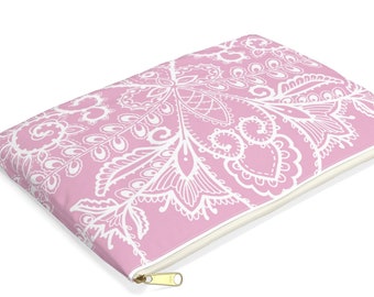 Pink Floral Cosmetic Bag, White Paisley Makeup Bag