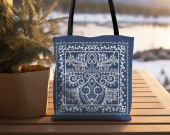 Navy Blue Tote Bag: Whimsical Embroidery-Look Design