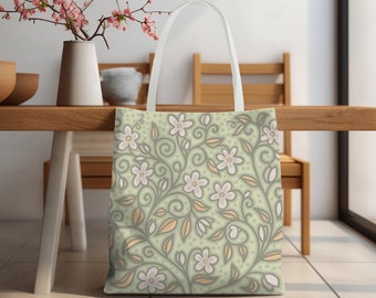 Pastel Floral Tote: Khaki Green Botanical Shopping Bag