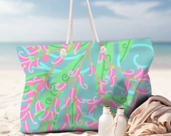 Floral Weekender Tote Bag: Pink Buds, Aqua Swirls, Oversized Beach Bag