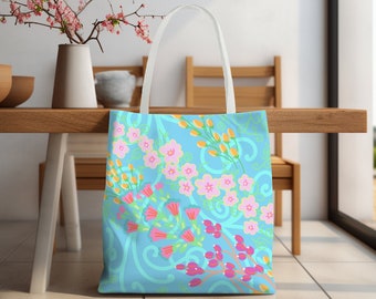 Wildflower Tote Bag: Turquoise Floral Print, Garden Lover Gift