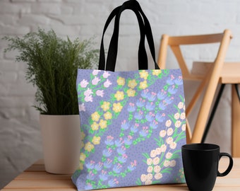 Purple Floral Tote Bag: Whimsical Flower Design, Garden Lover Gift