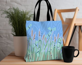 Dragonfly Reeds Tote Bag: Coastal Nature Lover Gift