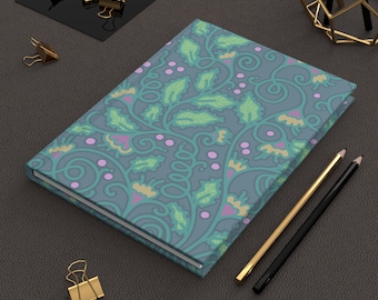 Green, pink & grey floral aesthetic hardcover journal 5.75 x 8” Wraparound Design. Nice hostess gift, writing, gratitude, keepsake journal