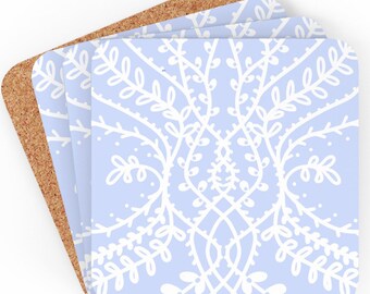 Blue & White Cork Coaster Set: Coastal Hamptons Decor