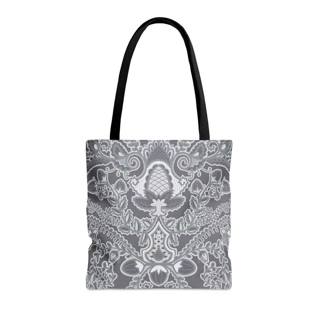 Dark Grey & White Floral Chinoiserie Aesthetic Tote Bag. Cute Laptop