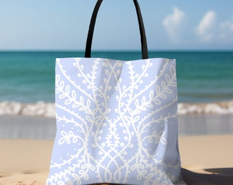 Embroidery Look Tote Bag: Light Blue & White Whimsical Design
