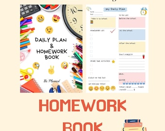 May include: A printable daily planner and homework book with a colorful design featuring school supplies, emojis, and a clock. The planner includes sections for daily tasks, homework, spare time activities, meals, water intake, and reading goals.
