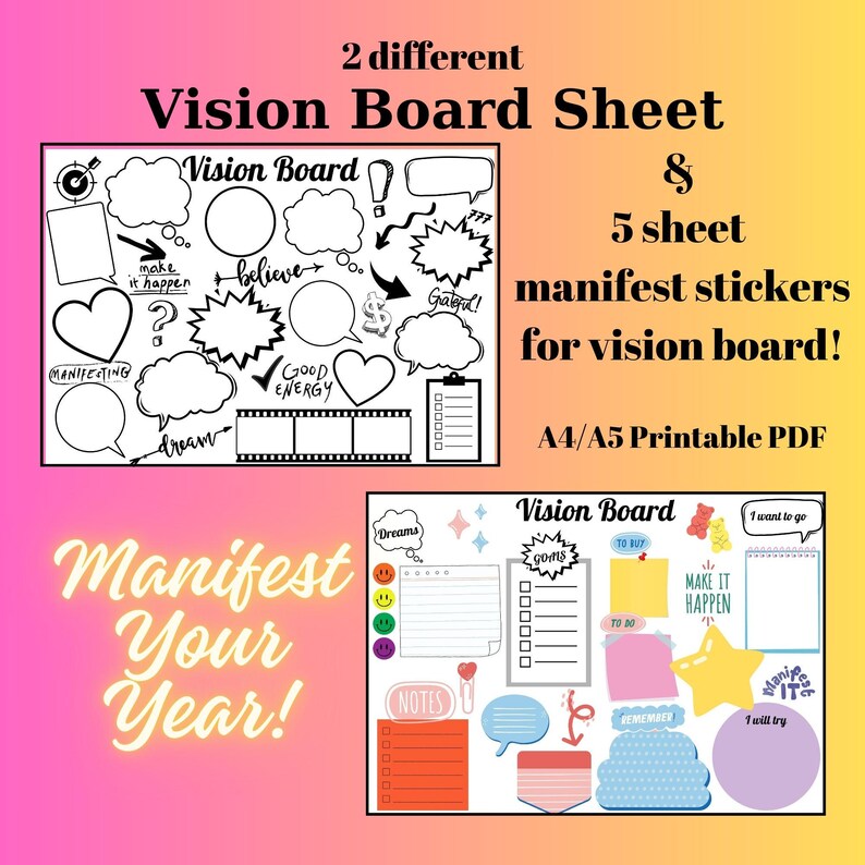 Vision Board Printable PDF Worksheet Manifest Board New Year