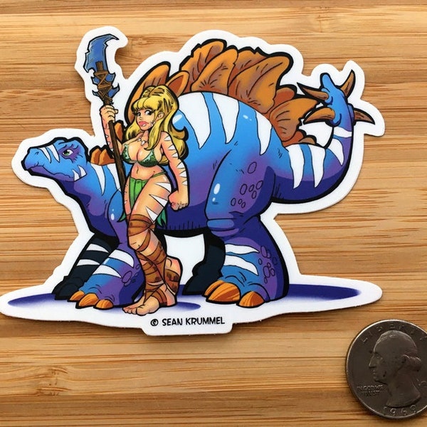 TARA: Dinosaur Huntress and sidekick STEW  Sticker | Cavewoman | Dinosaur | Stegosaurus | Jungle girl | Jurassic