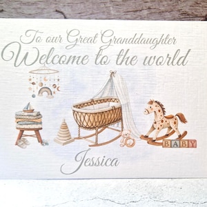 Arrière-petite-fille bienvenue dans le monde, carte de style bohème, carte de naissance personnalisée, nouvelle carte de bébé fille, carte de nouveau bébé, carte de naissance, carte pour un nouveau bébé