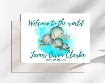 Turtle welcome to the world card, Custom Birth Card, new baby girl card, new baby boy card, birth card, card for new baby