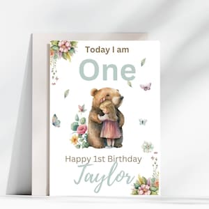 Carte de 1er anniversaire câlin d'ours, carte d'anniversaire d'ours personnalisée, carte de numéro d'anniversaire, fille. 1er, 2e, 3e, 4e, 5e, 6e anniversaire de naissance de la petite-fille