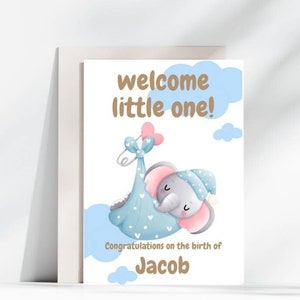 Carte de naissance personnalisée petit garçon bébé éléphant