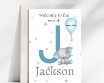 Blue elephant welcome to the world card, Custom Birth Card, new baby boy card, new baby card, birth card, card for new baby